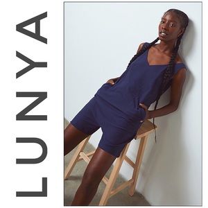 NWT LUNYA Cool Cotton Short Sleeveless Loungewear Romper Deep Blue